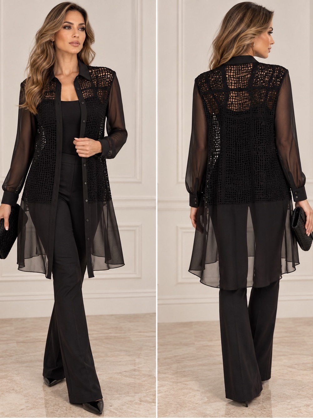 Elie Tahari Black Sheer Crochet Longline Sheer Shirt